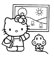 coloriage Hello kitty observe un tableau avec la souris